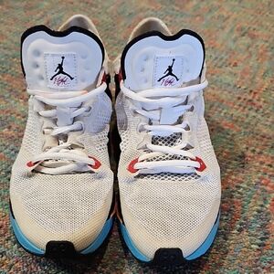 Jordan Men White Mesh Sneakers with Blue and Red Accents